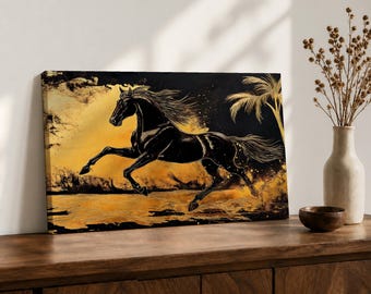 Horse Wall Art Stallion Framed Canvas Wild Mustang Galloping Wildlife Western Living Room Decor
