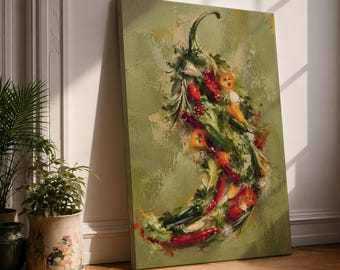 Chili Pepper Canvas Print, Expressionist Vegetable Painting, Garden Herbs, Sage Green Kitchen Wall Art
