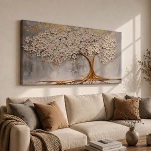 Tree Life Panoramic Wall Art Sacred Arbor Extra Wide Framed Canvas White Gold Decor