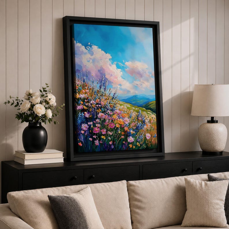 Väggkonst med vildblomsäng Botaniskt landskap Inramad canvas Impasto Landskap Bondgård Heminredning bild 9