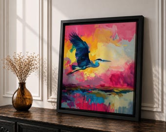 Flying Heron Wall Art Egret Bird Framed Canvas Coastal Wildlife Marsh Rustic Home Decor