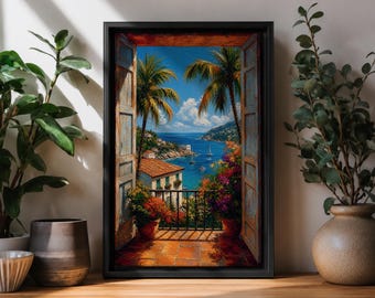 Tropical Window Wall Art Ocean View Framed Canvas Mediterranean Seascape Coastal Decor