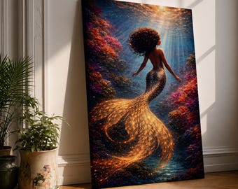 Mermaid Wall Art Golden Scales Framed Canvas Underwater Siren Myth Mythology Fantasy Coastal Decor