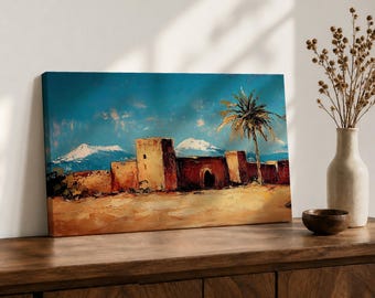 Moroccan Village Canvas Print, Desert Landscape Wall Art, Atlas Mountains Painting, Mediterranean Home Decor