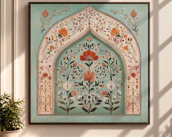 Persian Floral Arch Canvas Print, Islamic Botanical Wall Art, Vintage Inspired Home Decor