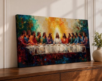 Panorama-Wandbild „Letztes Abendmahl“ mit Jesus und den Aposteln, extra breites gerahmtes Leinwandbild, christliche biblische Dekoration