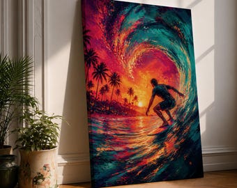 Surfing Canvas Wall Art, Surfer Sunset Painting, Tropical Beach Wall Decor, Colorful Ocean Wave Art, Coastal Surf Print, Surfer Gift