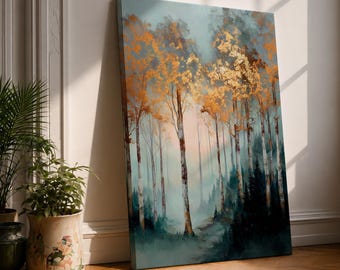 Birch Forest Canvas Wall Art, Misty Woodland Painting, Autumn Tree Landscape, Teal and Gold Nature Decor, Modern Rustic Forest Wall Art