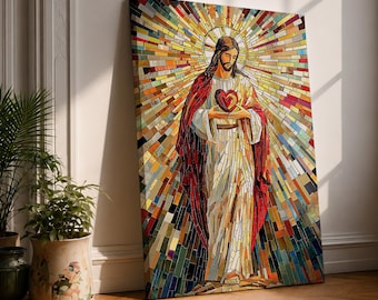 Cuadro del Sagrado Corazón de Jesús, Cristo Redentor, lienzo enmarcado, vidriera, decoración católica