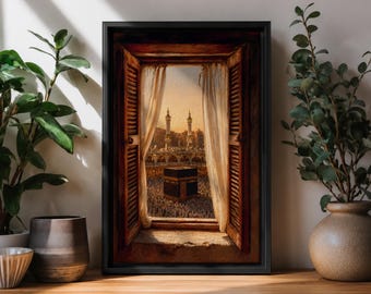 Kaaba Canvas Wall Art, Mecca Islamic Decor, Masjid al Haram Print, Makkah Window View, Muslim Home Decor, Islamic Gift