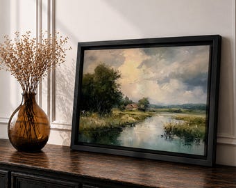River Landscape Wall Art Riverside Framed Canvas Countryside Meadow Rustic Cottage Home Decor