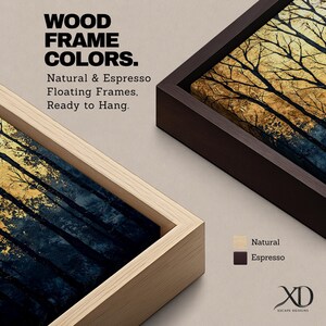 A framed vintage-style artwork depicting tall, bare trees in a forest with a textured golden background. The composition highlights the silhouette of woodland trees against a warm, aged backdrop, blending natural landscape elements with a nostalgic vintage aesthetic.