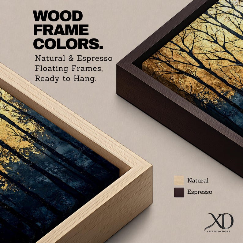 A framed vintage-style artwork depicting tall, bare trees in a forest with a textured golden background. The composition highlights the silhouette of woodland trees against a warm, aged backdrop, blending natural landscape elements with a nostalgic vintage aesthetic.