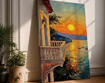 Mediterranean Sunset Balcony Wall Art Coastal Sea View Framed Canvas Impasto Landscape Bedroom Decor