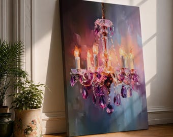 Chandelier Wall Art Crystal Lighting Framed Canvas Pink Purple Colorful Abstract Elegant Statement Decor