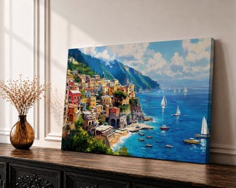 Amalfi Coast Wall Art Positano Italy Framed Canvas Mediterranean Landscape Living Room Decor