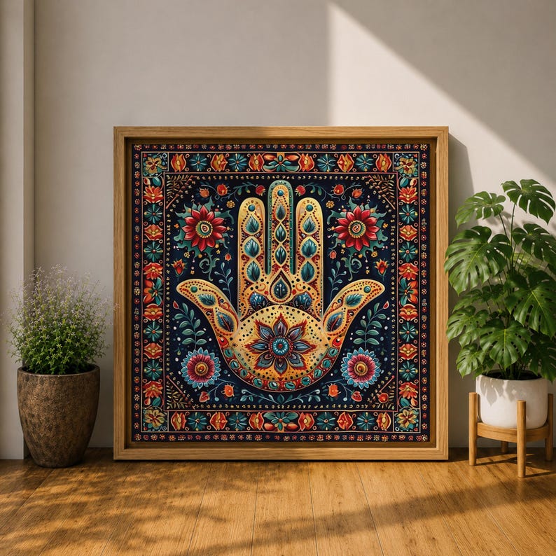 Hamsa Hand Wall Art Evil Eye Framed Canvas Khamsa Persian Boho Protection Home Decor