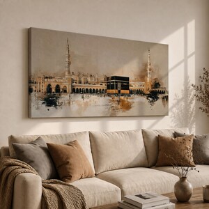Kaaba Panoramic Wall Art Sacred Mosque Extra Wide Framed Canvas Masjid Al-Haram Islamic Decor