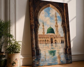 Masjid An Nabawi Canvas, Green Dome Medina Wall Art, Islamic Mosque Archway Painting Decor