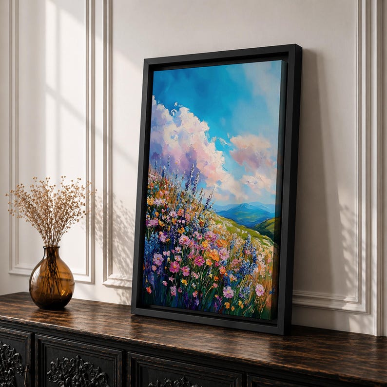 Väggkonst med vildblomsäng Botaniskt landskap Inramad canvas Impasto Landskap Bondgård Heminredning bild 3
