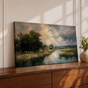 Landschaftsbild für die Wand, rustikaler Leinwanddruck, stimmungsvolles grünes Naturgemälde, Wanddekoration im Landhausstil