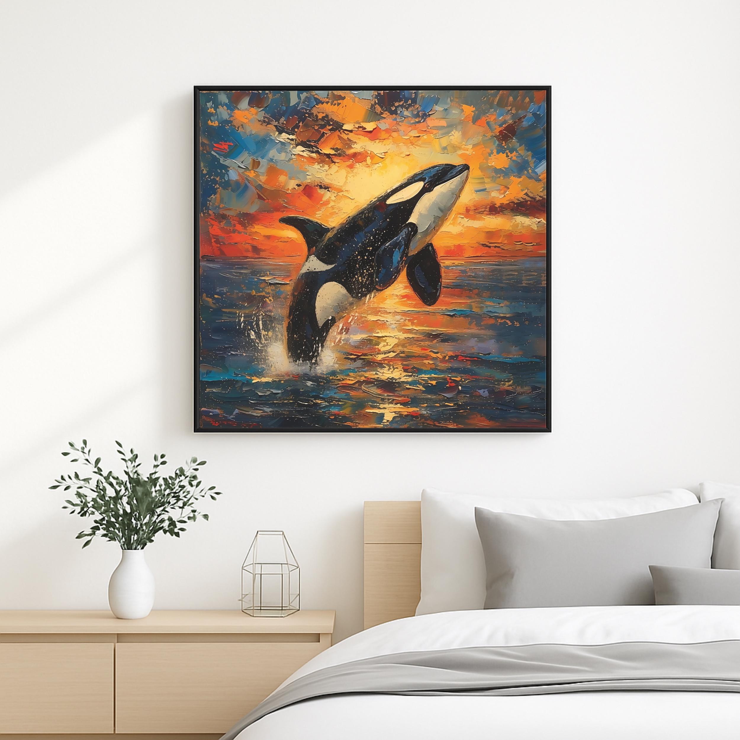 Orca Sunset Wall Art: Vibrant Ocean Wildlife Painting (Digital