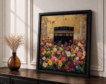 Quadro da parete con Kaaba, campo floreale, tela incorniciata, Masjid al Haram, Hajj, Umrah, decorazione islamica