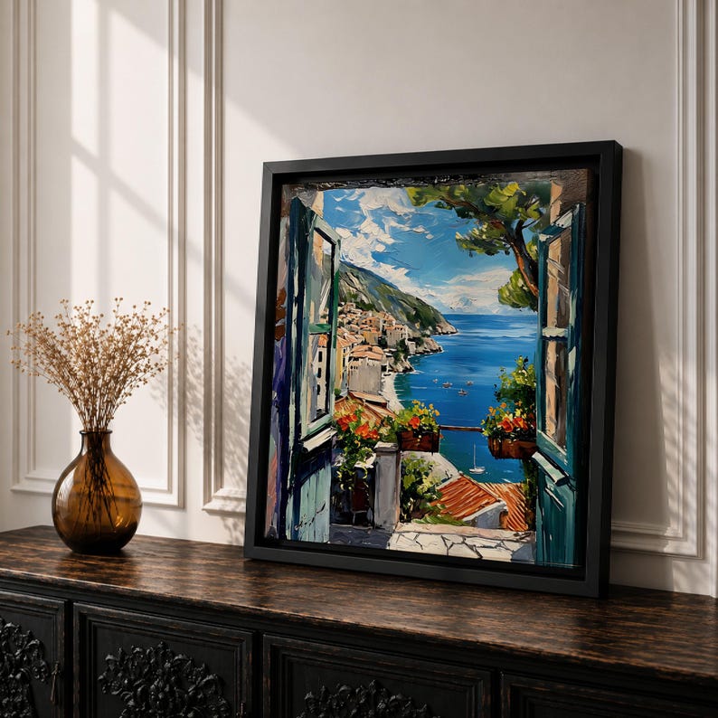 Mediterranean Window View Wall Art Coastal Seaside Framed Canvas Ocean ...