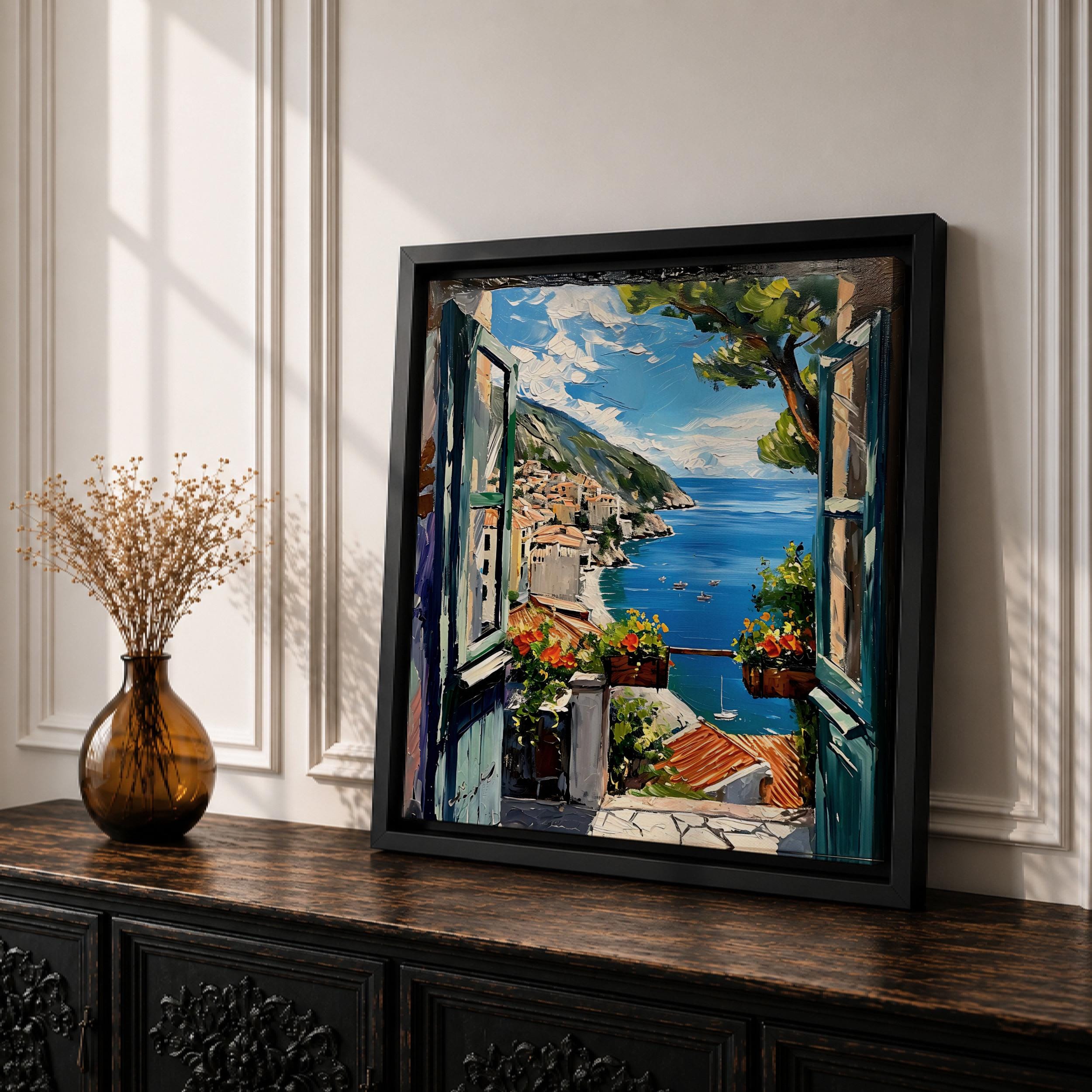 Mediterranean Window View Wall Art Coastal Seaside Framed Canvas