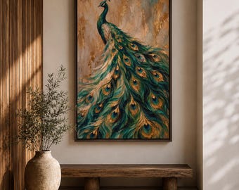 Peacock Canvas Print, Emerald Green Plumage, Antique Gold Impressionist Painting, Vintage Bird Wall Art