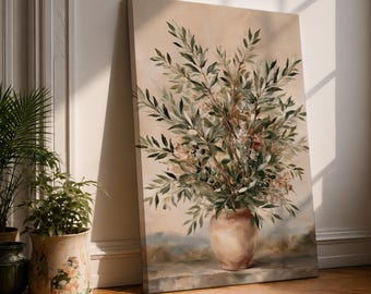 Olive Branches Canvas Print, Mediterranean Still Life Painting, Terracotta Vase, Rustic Farmhouse Wall Decor