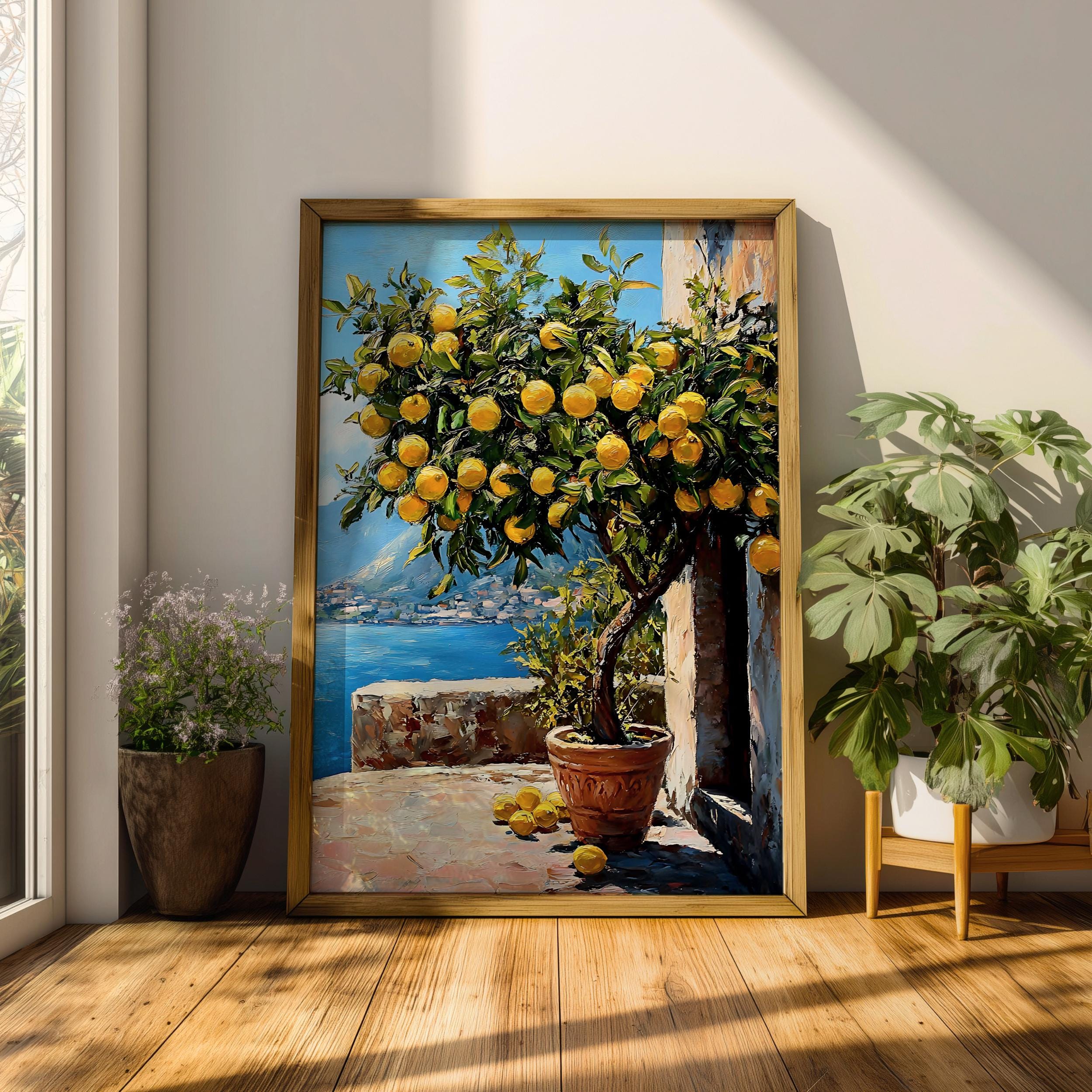 Mediterranean Lemon Tree Wall Art Coastal Citrus Framed Canvas