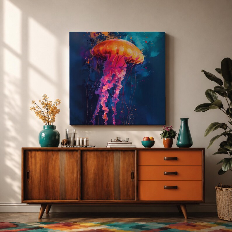 Jellyfish Wall Art Sea Nettle Framed Canvas Marine Life Abstract Ocean Coastal Home Decor