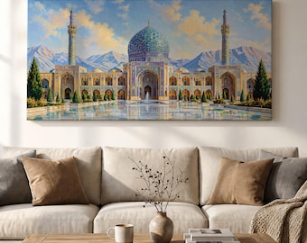 Persian Mosque Wall Art, Panoramic Framed Canvas Print, Blue Tile Dome Islamic Architecture, Middle Eastern Geometric Decor