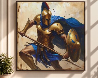 Spartan Warrior Canvas Print, Ancient Greek Hoplite Wall Art, Blue Cloak Gold Armor Painting
