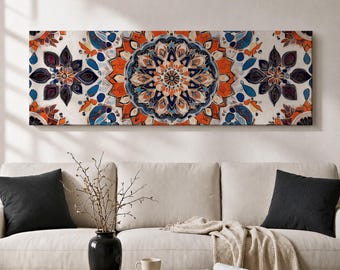 Mandala Canvas Print, Moroccan Tile Painting, Floral Mosaic, Long Horizontal Wall Art, Boho Decor