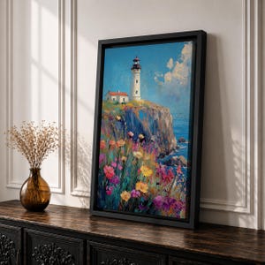 Lighthouse Wall Art, Coastal Wildflower Cliff Abstract Canvas Print, Living Room Decor image 3