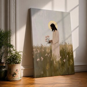 Cuadro de Jesús en lienzo enmarcado con estampado floral de pradera. Regalo cristiano para sala de oración y decoración del hogar.