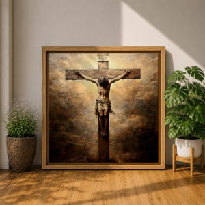 Jesus Crucifixion Wall Art Christ on the Cross Framed Canvas Vintage Christian Home Decor