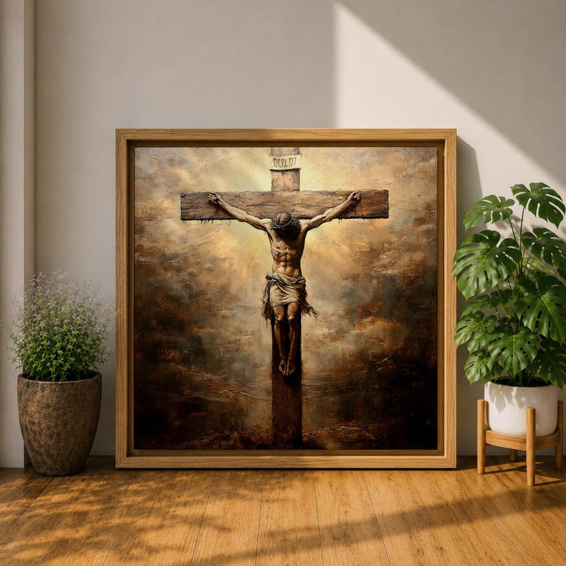 Jesus Crucifixion Wall Art Christ on the Cross Framed Canvas Vintage Christian Home Decor