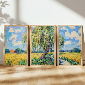 Countryside Willow Tree 3 Piece Wall Art, Triptych Print, Rustic Landscape Decor, Vibrant Nature Digital Download, Country Wall Art