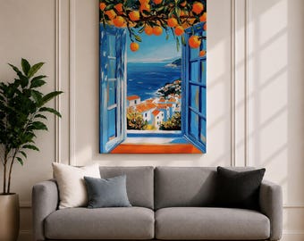 Mediterranean Orange Tree Window Wall Art Coastal Seaside Framed