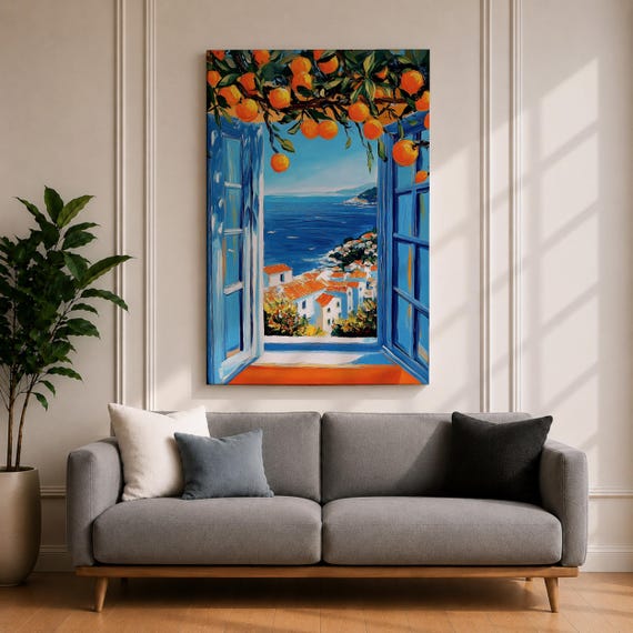 Mediterranean Orange Tree Window Wall Art Coastal Seaside Framed