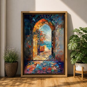 This impasto style painting depicts a Moroccan archway opening to a vibrant ocean view with bright sunlight illuminating textured stone walls and colorful mosaic floor tiles, capturing the essence of Moorish architectural design and coastal cultural scenery.