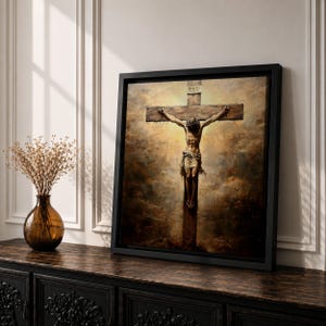 Jesus Crucifixion Wall Art Christ on the Cross Framed Canvas Vintage Christian Home Decor