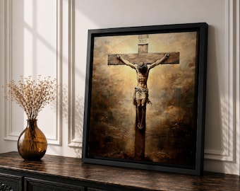 Quadro da parete con la Crocifissione di Gesù, Cristo sulla croce, tela incorniciata, decorazione cristiana vintage per la casa.