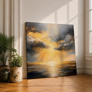 Golden Ocean Wall Art, Sunset Seascape Canvas, Sun Rays Painting, Moody Coastal Decor, Black Gold Wall Art, Dramatic Ocean Artwork