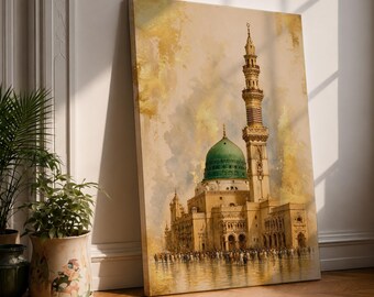Masjid Nabawi Wall Art Green Dome Framed Canvas Prophet Mosque Gold Leaf Medina Decor