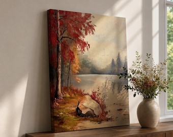 Quadro decorativo de parede com tema de lago ou outono, floresta outonal, tela emoldurada com textura vintage rústica para decoração de cabana.