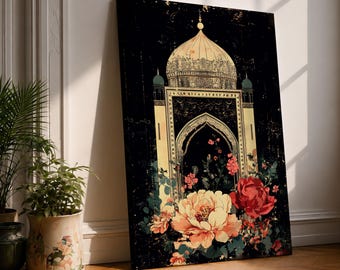 Islamic Mosque Wall Art Mughal Floral Arch Framed Canvas Vintage Boho Muslim Home Decor